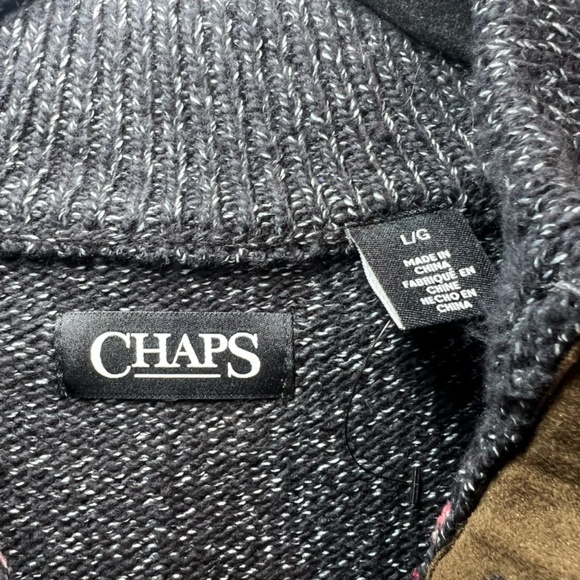 Chaps Fair Isle Henley Sweater Marled Gray  Pullover 1/4 Button Mock Neck  Large - Picture 3 of 13